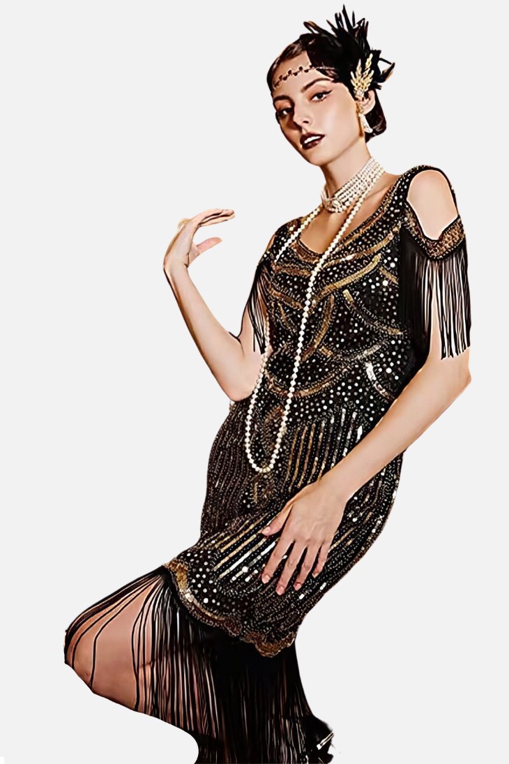 Robe Charleston Noire Et Or À Sequins Et Franges Avec Épaules Dénudées – Zelda Robe Charleston noire et or à sequins esprit rétro glamour Zelda